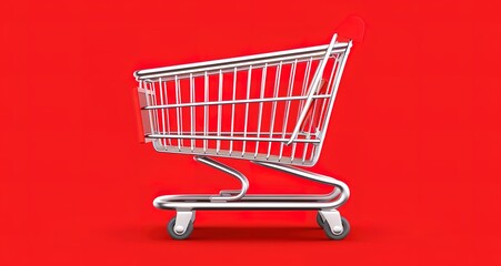 Empty shopping cart on a red background, symbolizing consumerism, online shopping, or retail.