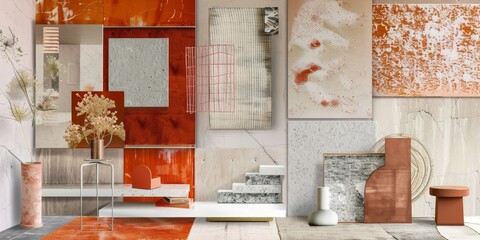 Dynamic mood board with a mix of modern textures, vibrant colors, and inspiring images, designed to spark creativity and guide design projects with visual ideas