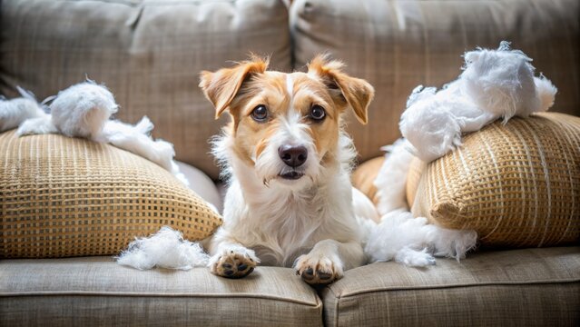 Adorable mischievous dog caught in the act of chewing a destroyed couch cushion, surrounded by fluffy stuffing and shredded fabric, guilty expression on face.