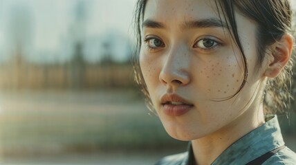 "Close-up of a Young Chinese Woman with Freckles, Gazing at the Camera with a Mix of Surprise and Trepidation."