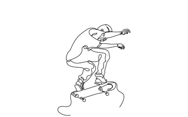 One Continuous line drawing of a skateboarder young teenage man. A Single-line skateboarder jumping boy playing with a skateboard isolated on a white background.