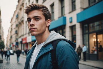 Fototapeta premium Low angle shot of young guy, standing in the urban block