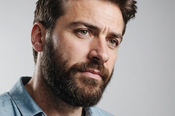 Obraz premium confident bearded guy in his 40s looking down from low angle view on white background in studio