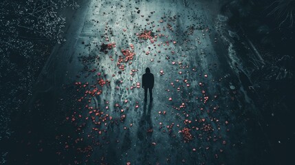 Figure amidst scattered body fragments in dark void, depicting loss and emptiness after breakup