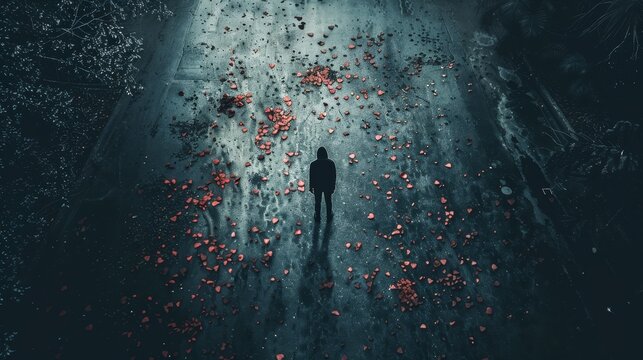 Figure amidst scattered body fragments in dark void, depicting loss and emptiness after breakup