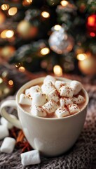 Cozy christmas scene  hot cocoa with marshmallows, festive lights, and tree bokeh