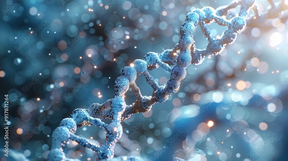 Poster a 3d rendering of a dna strand with glowing particles in the background.