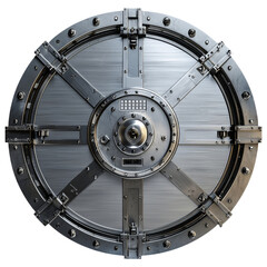 Circular metal vault door with intricate mechanical details and bolts on a transparent background clipart isolate