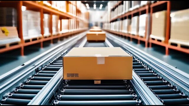 Cardboard boxes on conveyor belt in warehouse, highlighting logistics and shipping process with bright industrial lighting and focus on precision and order