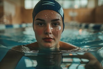 Young woman swimming with blue swim cap in an indoor pool