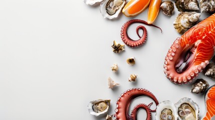 Fototapeta premium Luxury seafood display octopus, salmon, oysters, crab claws on white background with copyspace