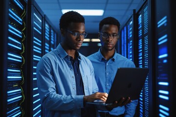 Low angle portrait of young African American data engineer working with supercomputer in server room lit by blue light and holding laptop, copy space