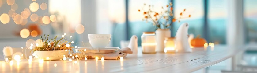 A festive dining room with vintage lights, ghost-themed centerpieces, and a family preparing for Halloween