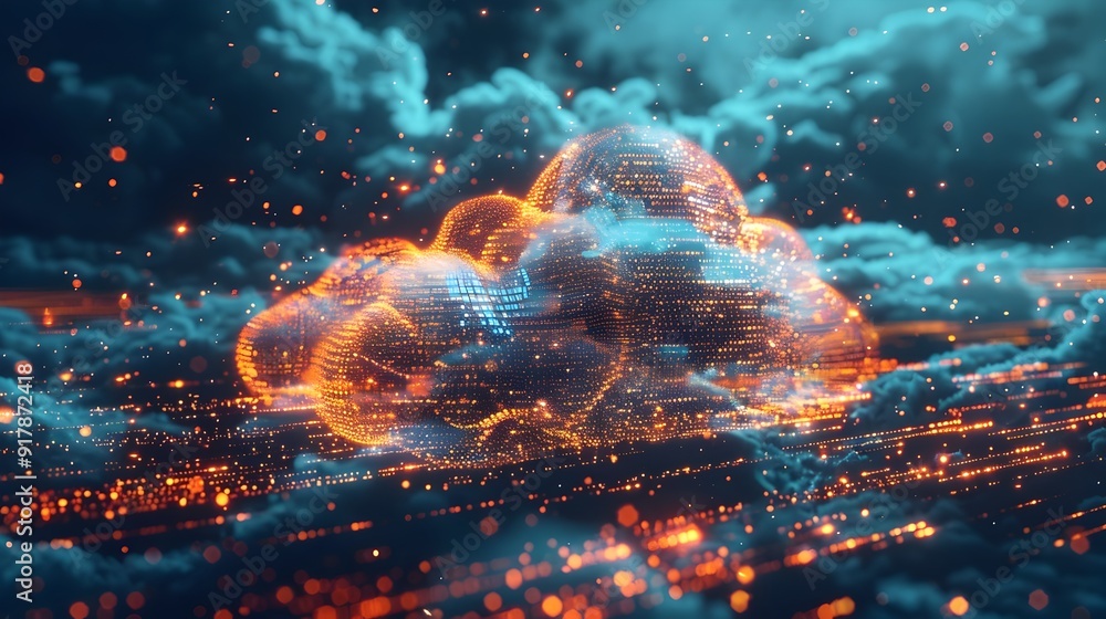 Poster digital cloud with data streams representing cloud computing and storage concept