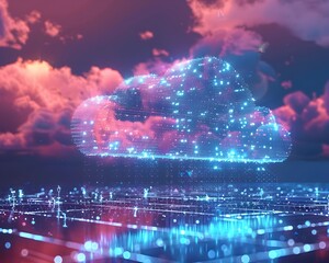 Obraz premium Glowing Digital Data Cloud Illuminating Cityscape at Night