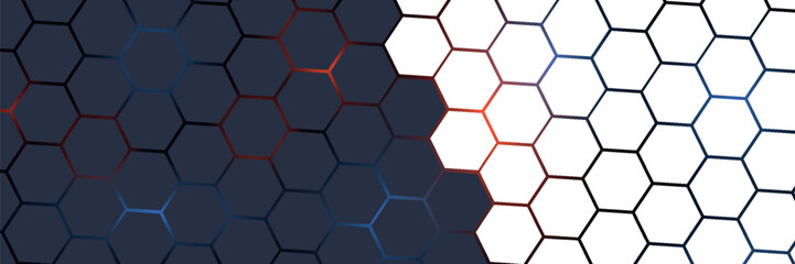 Dark grey and white horizontal hexagonal technology abstract vector background. Bright red energy flashes under the hexagons in a wide futuristic modern technology banner. Vector
