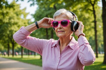Cool grandmother with pink sunglasses and headphones stretching in the park
