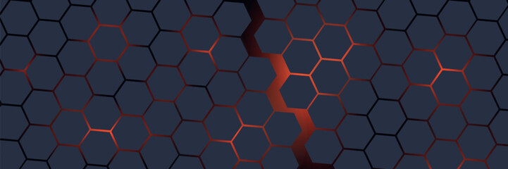 Dark gray and red horizontal hexagonal technology abstract vector background. Red bright energy flashes under the hexagon in a wide banner of futuristic modern technology. vector