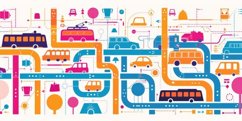 A colorful network diagram representing diverse transportation routes such as roads, railways, and bus lines, demonstrating a comprehensive transit system