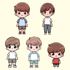 Cute little kid boy standing. Front view. Plain background