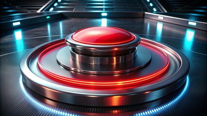 A large, shiny, ominous red button with a glowing neon ring, mounted on a sleek, metallic console, beckons to be pressed in a futuristic setting.