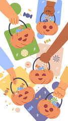 Hands holding pumpkin baskets with candies. Vertical Halloween banner illustration