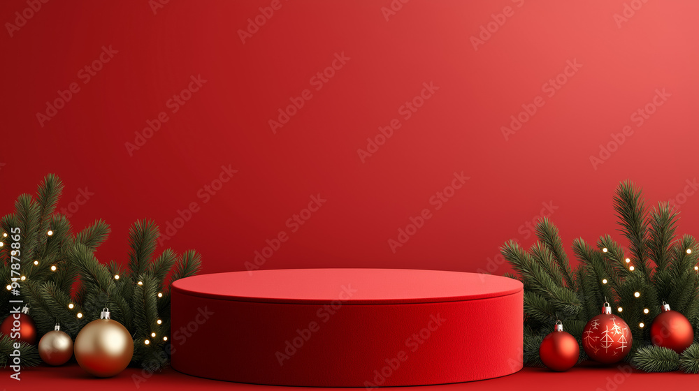 Poster A snowy Christmas-themed podium with a red velvet surface, surrounded by pine branches, ornaments, and twinkling fairy lights 