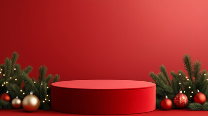 A snowy Christmas-themed podium with a red velvet surface, surrounded by pine branches, ornaments, and twinkling fairy lights 
