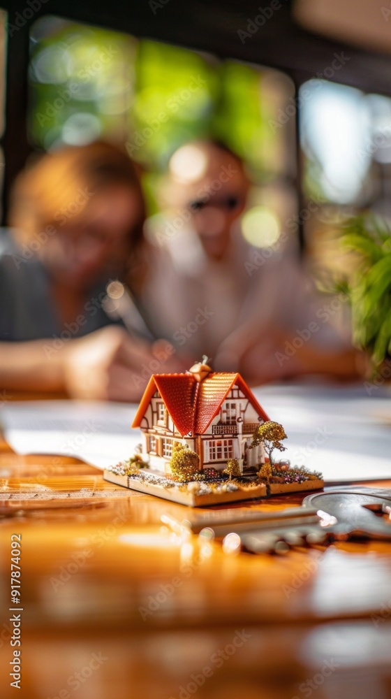Poster a small model house sits on a table with two people writing