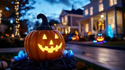 Fototapeta premium A Halloween-themed light display with houses decorated in spooky and creative ways.