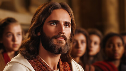Obraz premium Closeup of Jesus Christ teaching, with His face expressive and kind, surrounded by attentive faces of children and adults, photorealistic detail 