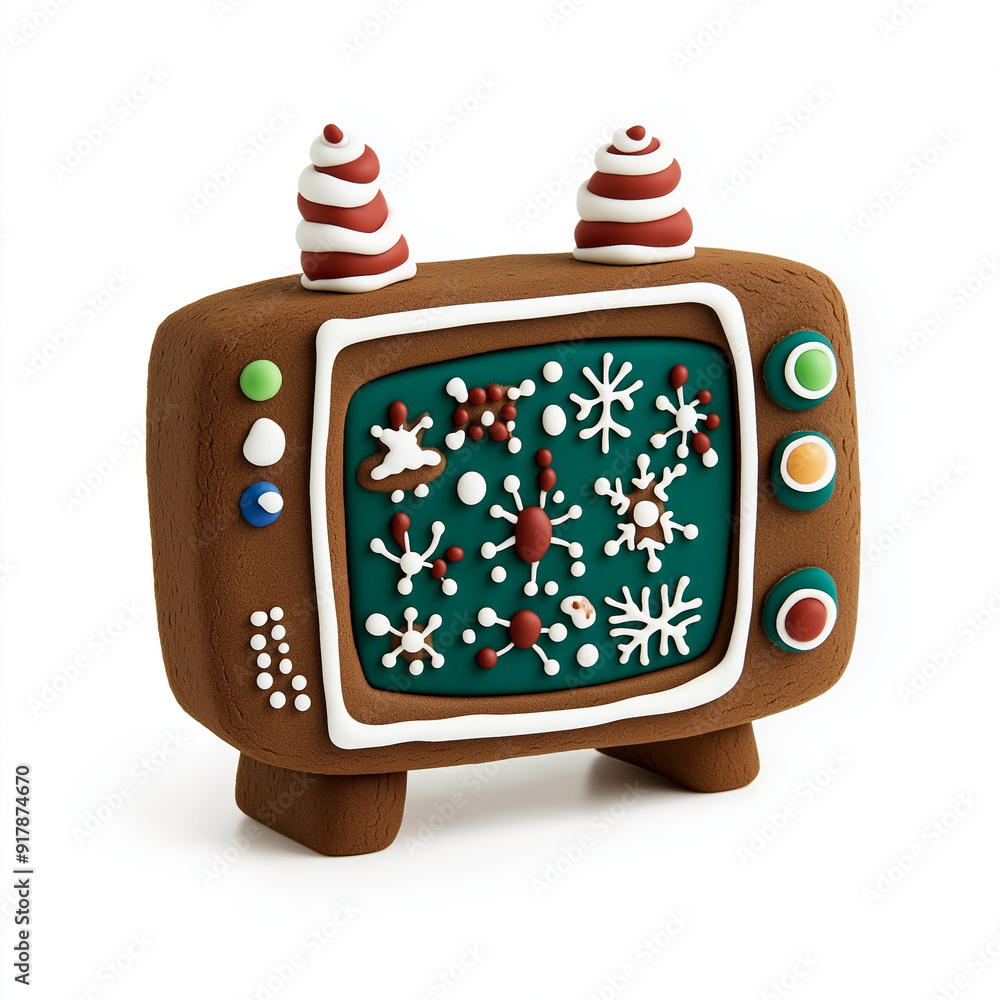 Poster gingerbread tv set with candy buttons and an iced screen displaying holiday patterns, isolated on a 