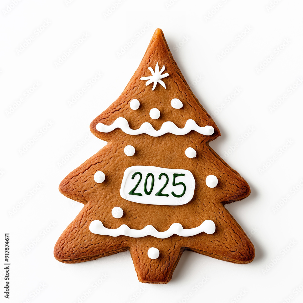 Sticker gingerbread new year’s hat with frosting accents and a 2025 tag, isolated on a white background