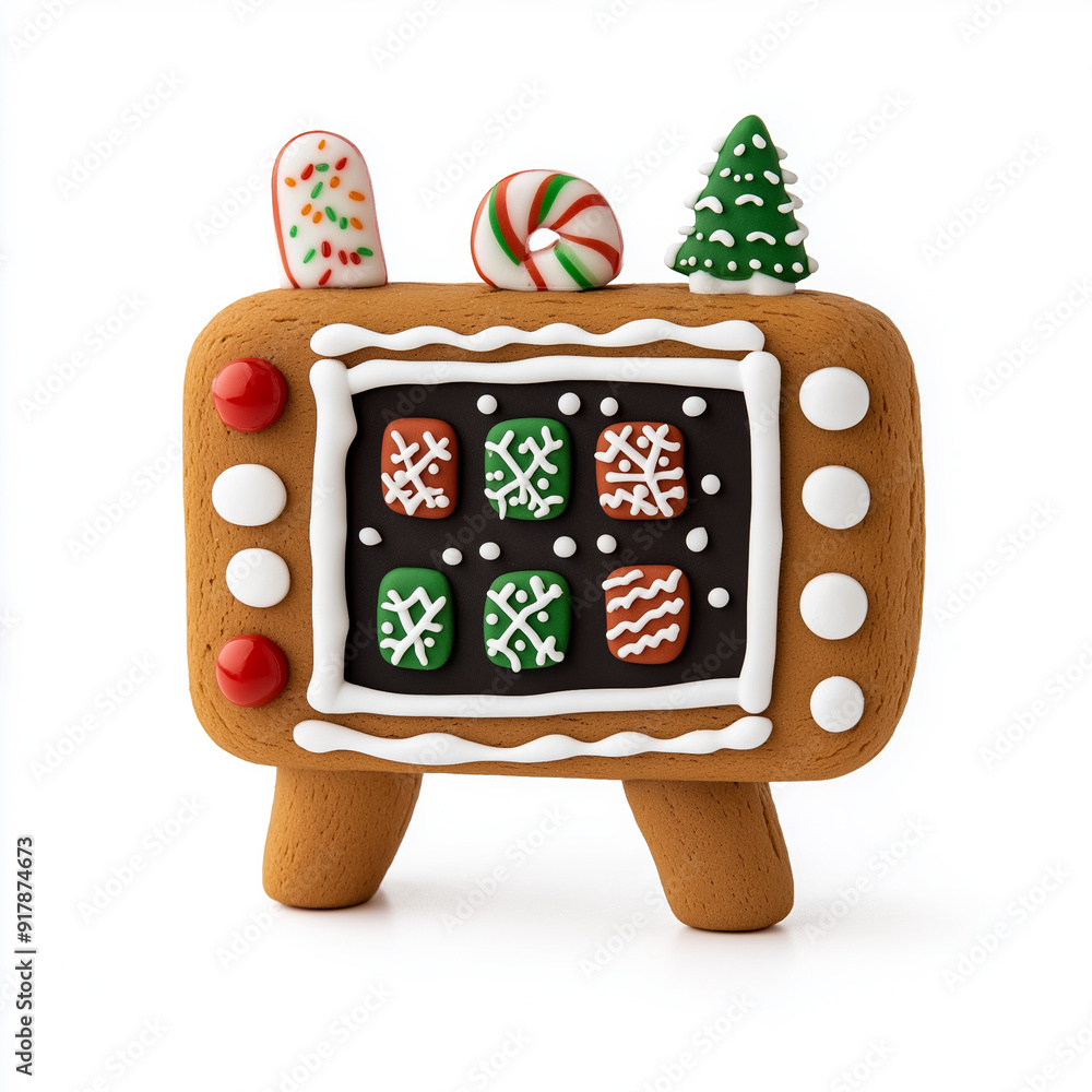 Poster gingerbread tv set with candy buttons and an iced screen displaying holiday patterns, isolated on a 