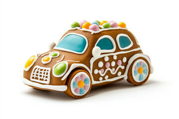 Gingerbread car with intricate icing details, decorated with colorful candy wheels, headlights, and windows, isolated on a white background 