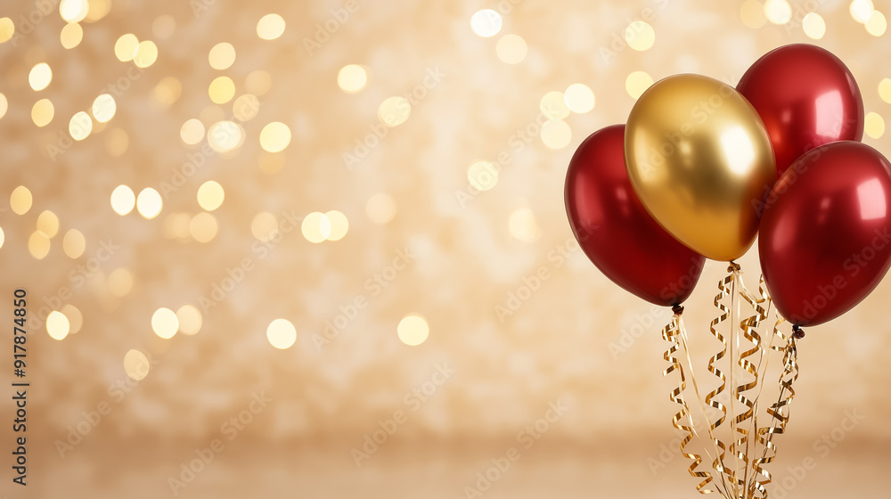 Poster golden new year pedestal with streamers and balloons, against a sparkling background with bokeh ligh