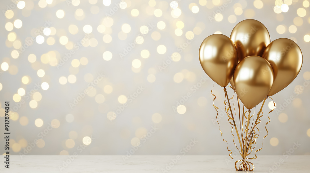 Poster golden new year pedestal with streamers and balloons, against a sparkling background with bokeh ligh