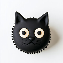 Halloween black cat cupcake with black icing and candy eyes, isolated on white background, top view 