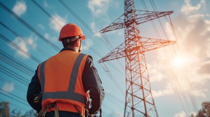 Engineer wearing safety uniform and helmet working at High-voltage tower.