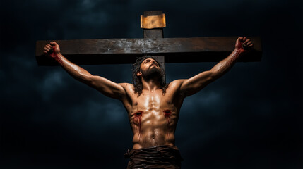 Obraz premium Jesus on the cross at Golgotha, with a darkened sky, realistic details 