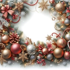 Vector Christmas Pine Fluffy Wreath with Silk Red Bow isolated on white background
