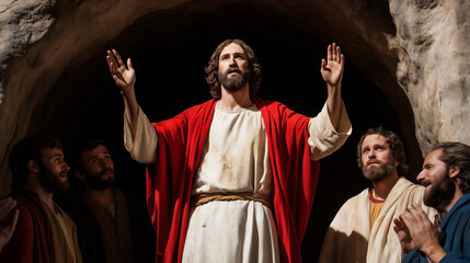 Naklejka premium Jesus raising Lazarus from the dead, with Lazarus emerging from the tomb and astonished people witnessing the miracle 