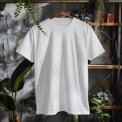 A plain white T-shirt hanging on a wooden hanger against a natural background.