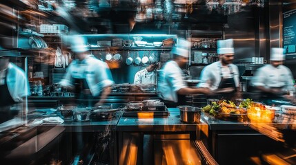 Blurred background, occupied chefs in a restaurant kitchen, and generative AI
