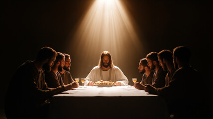 The Last Supper with Jesus and His disciples around a long table, sharing bread and wine in a dimly lit room 