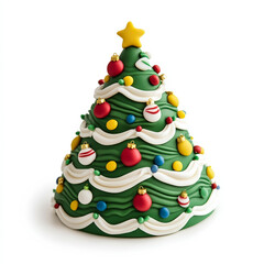 Wide angle of a Christmas tree-shaped cake with colorful ornaments isolated on white background 