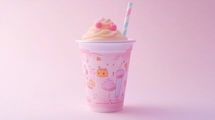 Anime-inspired drink in a decorated cup with a straw, isolated on a white background