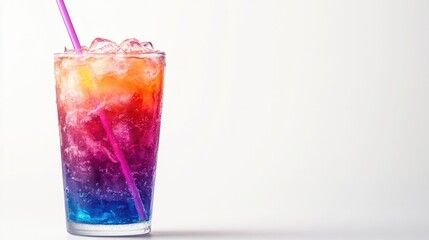 Brightly colored anime drink in a glass with ice and a straw, isolated on a clean white background