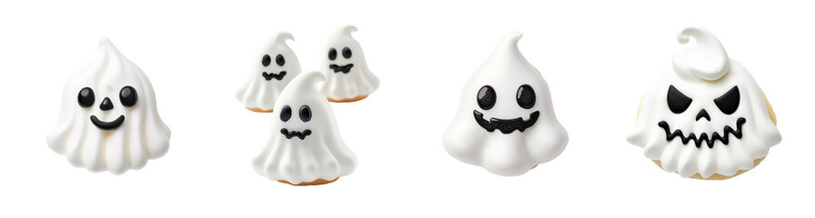 Obraz premium Ghost-shaped meringue cookies with spooky faces perfect for Halloween celebrations and festive dessert decorations