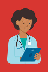 Fototapeta premium Medical professionals review patient information on a digital tablet, flat vector illustration
